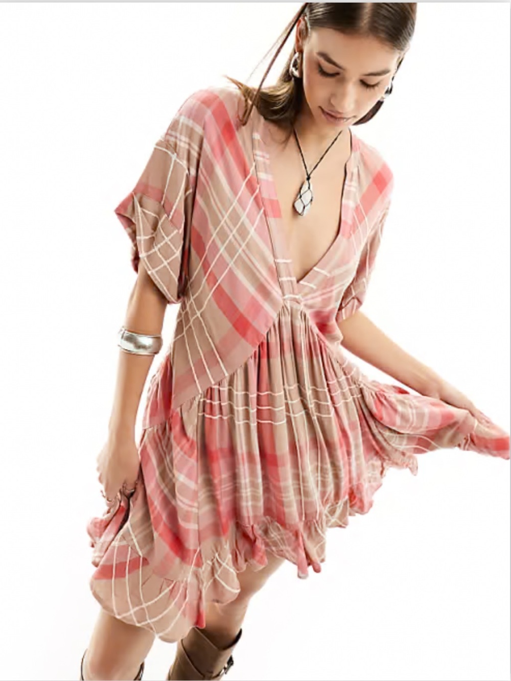 Free People Agnes Pink and Beige Plaid Mini Dress